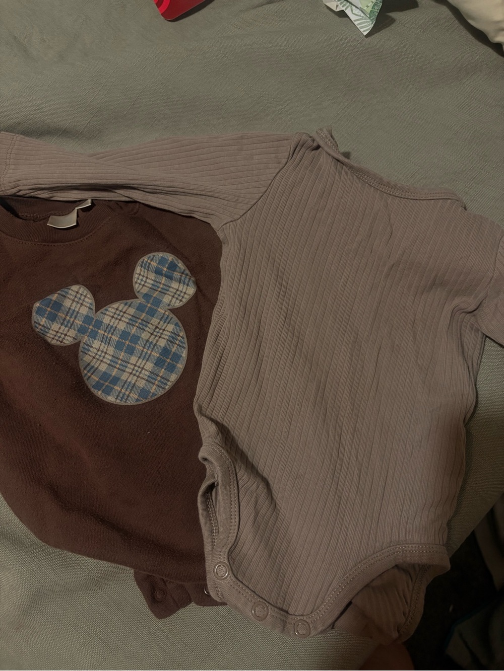 Brown Baby Bodysuit with Blue Plaid Mickey Applique